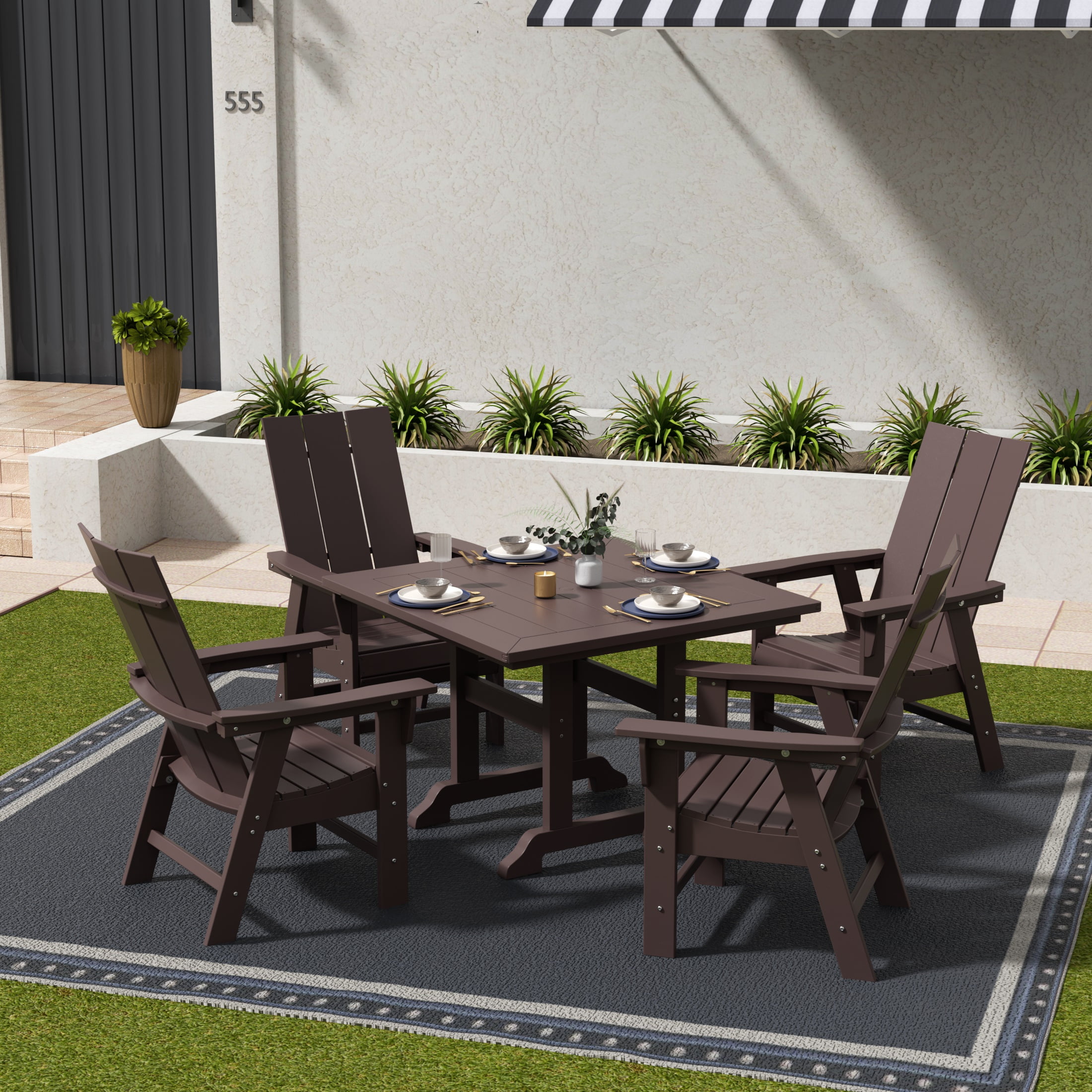 WestinTrends Ashore 5 Pieces Adirondack Patio Dining Set, All Weather Poly Lumber Slatted Modern Farmhouse Outdoor Furniture Set, 43" Trestle Square Table and 4 Adirondack Dining Chair, Dark Brown
