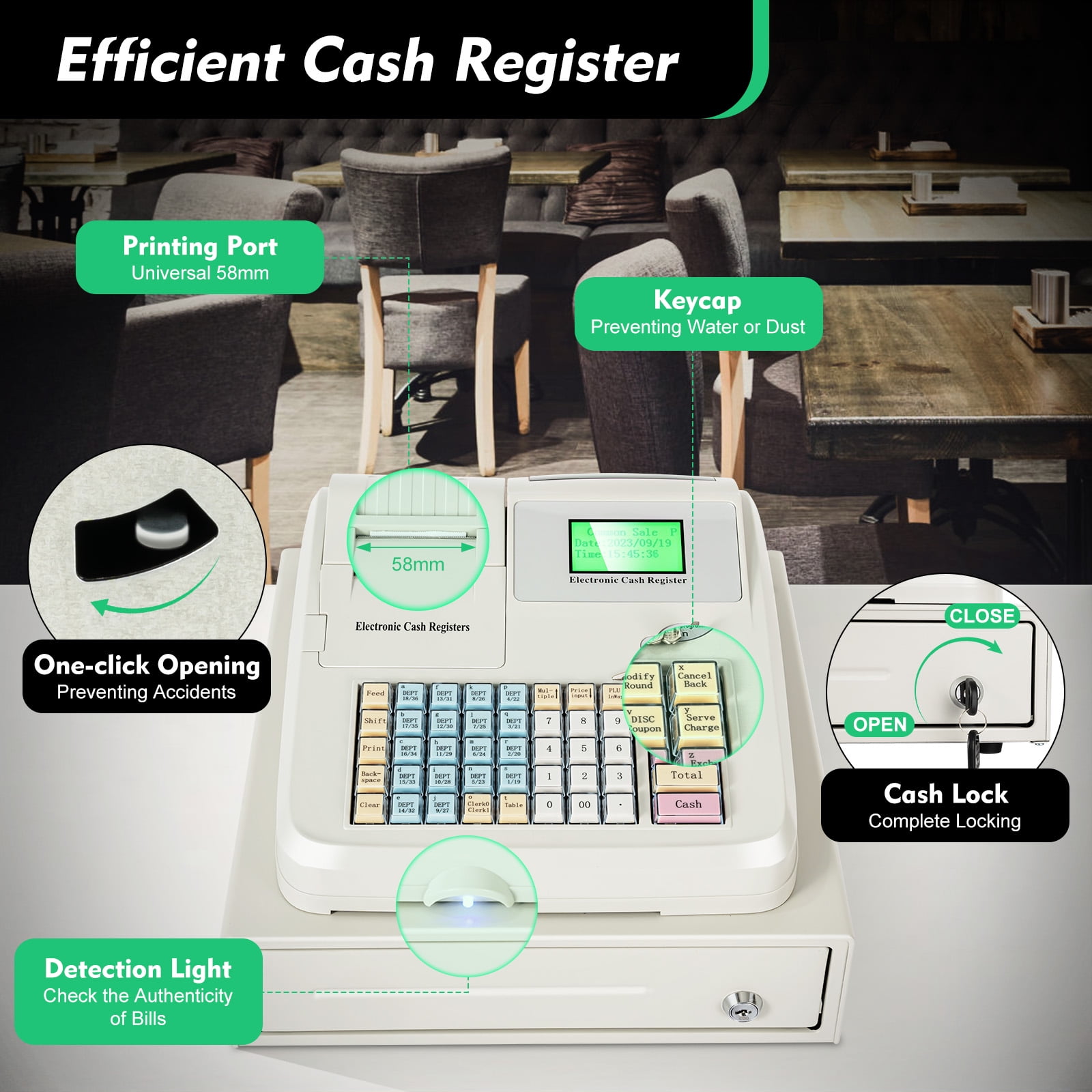 48 Keys Electronic 8 Digital Cash Register, POS System with Cash Tray LED Display for Small Business Retail Restaurant