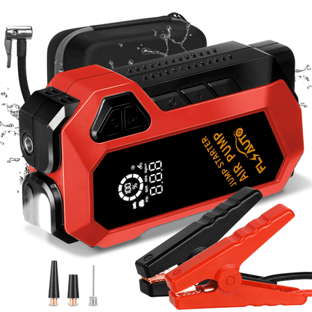 Portable Car Jump Starter, 4000A Peak Battery Jump Starter with Air Compressor 150 PSI Air Pump, 12V Auto Battery Booster Pack Safe Lithium Jumper Box with Dual USB QC 3.0 Led Light--Red