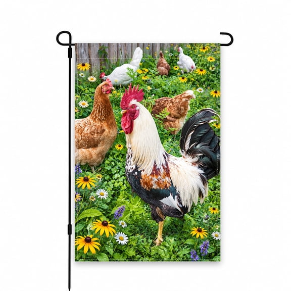 Garden Flag 12x18 Inch Rooster & Hens in Flower Field Design for Yard, Lawn, Patio, Outdoor Decor - Vibrant Colors for Farmhouse Style Porch Display