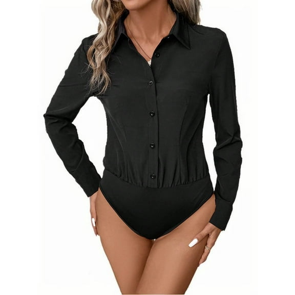 MORTTIC Women's Long Sleeve Button Down Bodysuit Shirt – Business Casual One-Piece Collared Blouse for Office Workwear, S