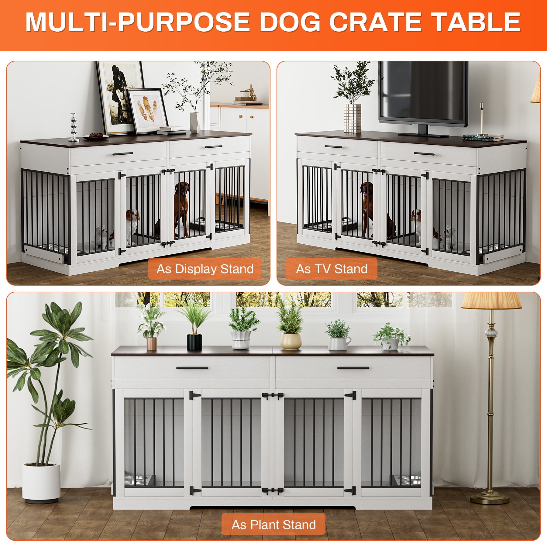 Rophefx 72" Dog Crate Furniture for 2 Dogs,Large Kennel with 2 Drawers and 4 Bowls,Wooden Heavy Duty Indoor Dog House,White