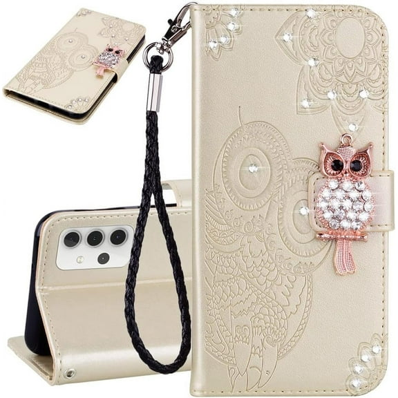 Compatible with Samsung Galaxy A15 5G Case Wallet Leather Glitter Stylish Crystal Owl with Wrist Strap Kickstand Magnetic Feature for Women Phone Case for Samsung Galaxy A15 5G Golden YK