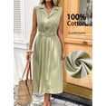thumbnail image 3 of Green Sleeveless Collared Midi Dress With Belt, 100% Cotton Textured Fit & Flare Style, 3 of 8