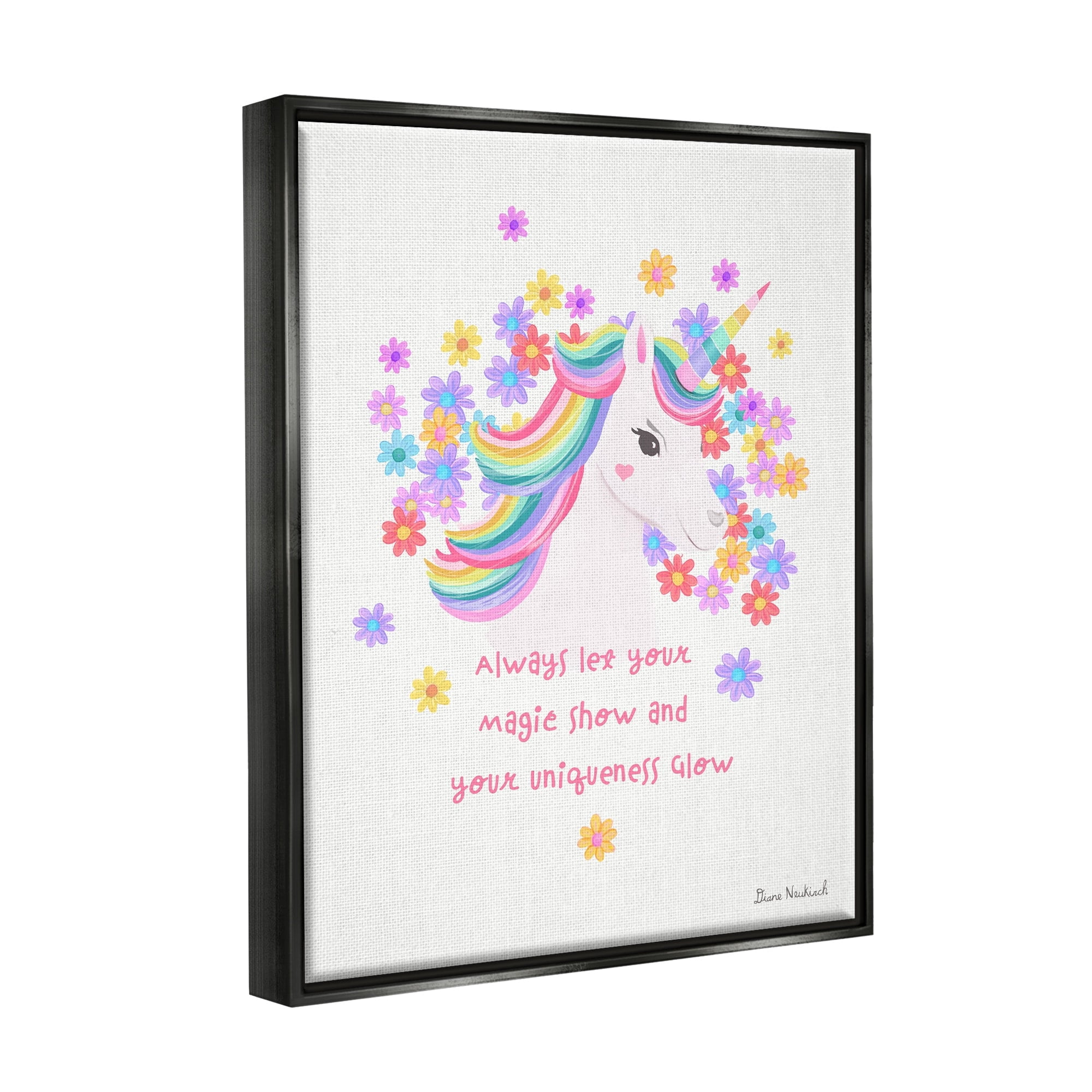 Stupell Industries Magical & Unique Quote Floral Pattern Unicorn Portrait Graphic Art Luster Gray Floating Framed Canvas Print Wall Art, Design by Diane Neukirch