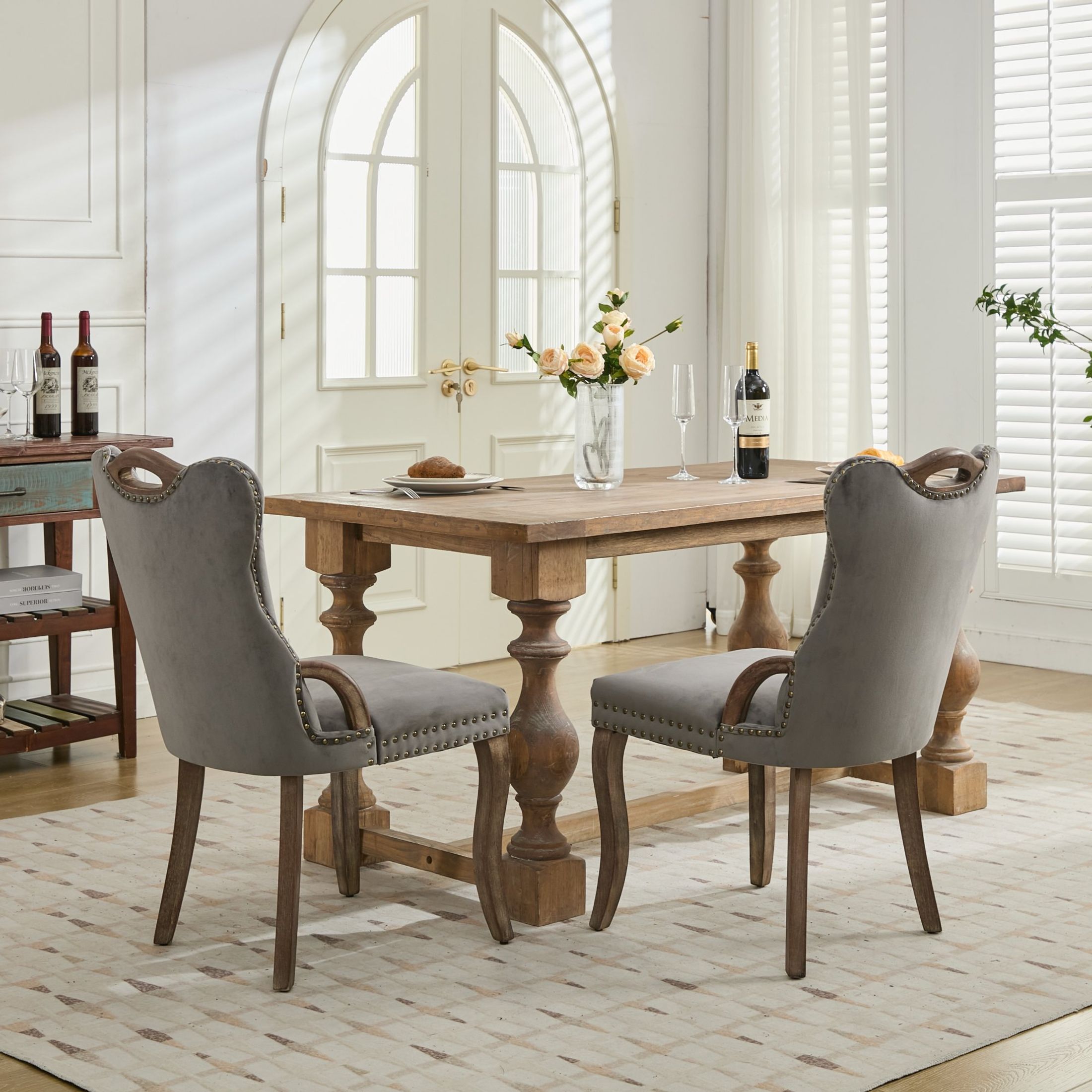 Noble House Set of 2 Dining Chairs with Tufted Velvet Upholstery, Copper Nailhead Trim, Gray