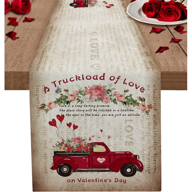 Valentines Day Table Runners Cotton Linen Red Truckload of Love Rustic Farmhouse Non-Slip Rectangle Party Tablecloth Holiday Decor for Kitchen,Home ,Dining Table ,Outdoor,Extra Long 13X108 Inches