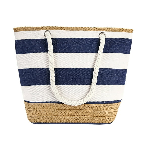 Simple Geometric Stripe Shoulder Bag Tote Handbag with Cotton Rope Handles Beach Bag (Blue and White Stripe)