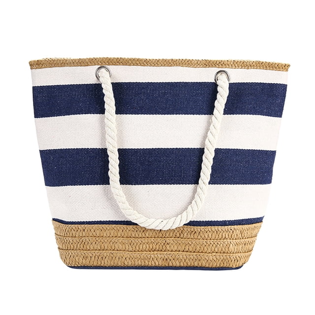 Simple Geometric Stripe Shoulder Bag Tote Handbag with Cotton Rope Handles Beach Bag (Blue and White Stripe)