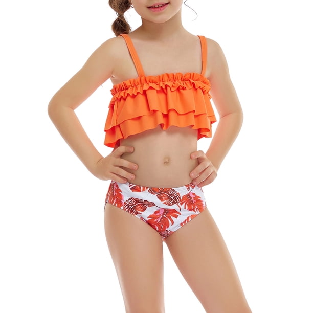 Augper Girls Casual Cute Print Double Ruffle Split Swimsuit Beach Two-Piece Set