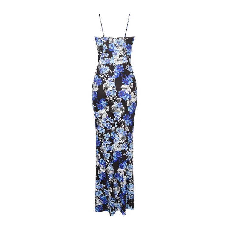 Voghtic Women's Summer Maxi Dress - Floral Print, Sleeveless Spaghetti Strap Beach Long Dress, Blue, Size S