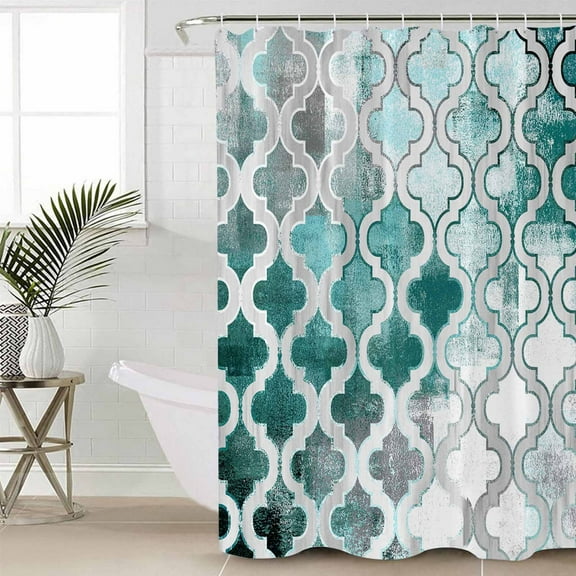 Turquoise Morocco Bathroom Curtain 78 Inch Shower Curtain with Hooks, Grey Ombre Retro Mottled Painting Art Waterproof Polyester Bath Curtain Washable Bathtub Curtain 36''x 78''