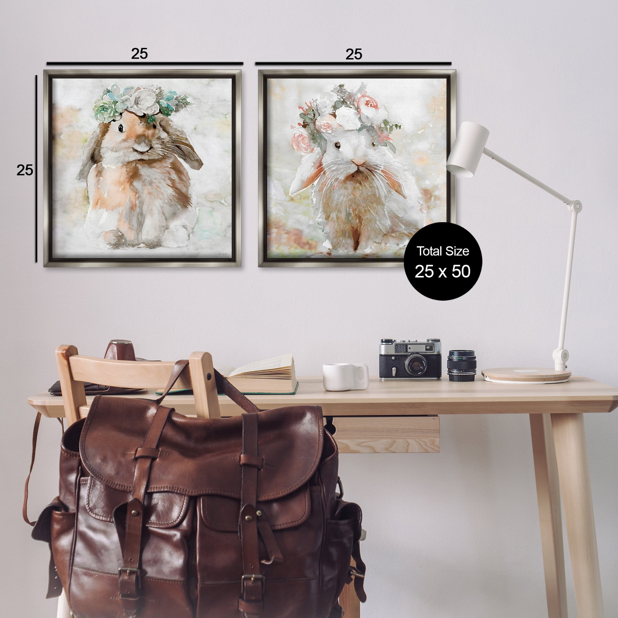 Stupell Industries Soft Spring Floral Bunnies Animals Painting Gray Floater Framed Canvas Art Print Wall Art, 25 x 25, Set of 2
