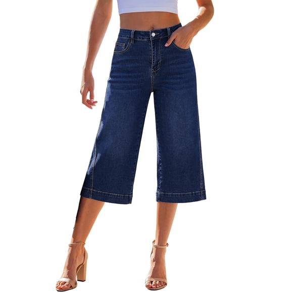 Capri Jeans for Women Wide Leg Trendy High Waisted Side Seam Stretchy Denim Capris Pants Summer Casual Jeans, L