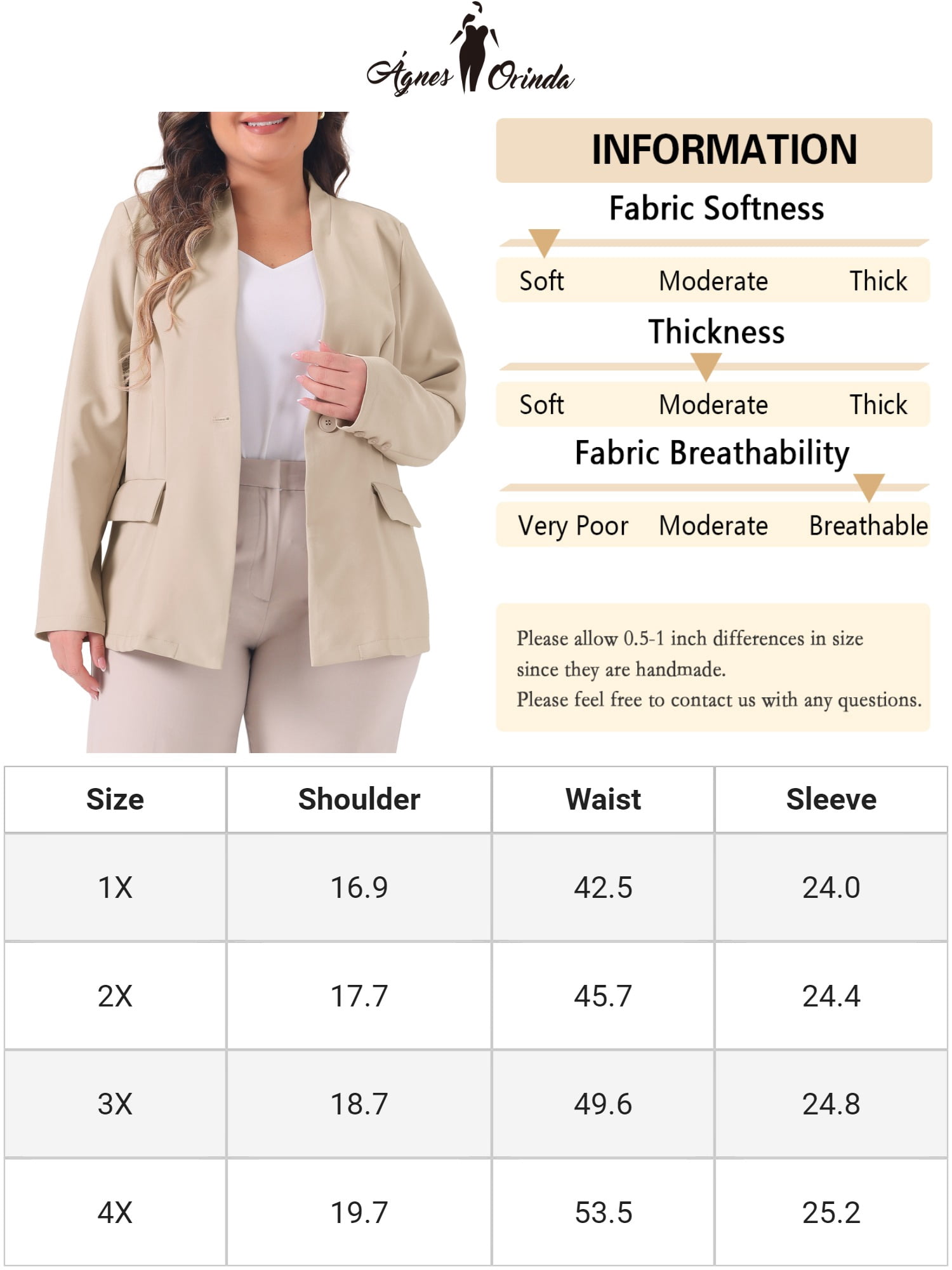 DARING DIVA Women's Plus Notched Lapel Long Sleeve Office Work Blazer Jacket 3X Khaki