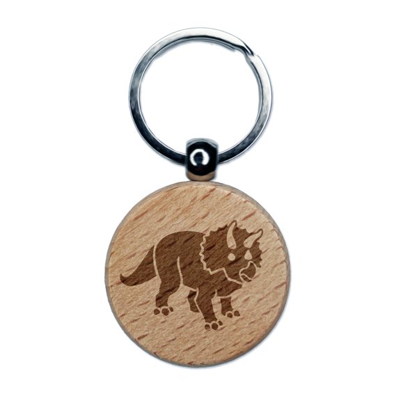 Triceratops Dinosaur Round Keychain Charm Tag - Engraved Wood