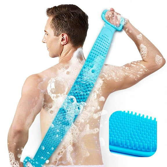 Under 10$ Back Scrubber for Shower Two Size for Choosing Inmorven Bath Body Brush Silicone Back Brush Extra Long Exfoliating Body Scrubber with Handle for Men and Women.(Blue)