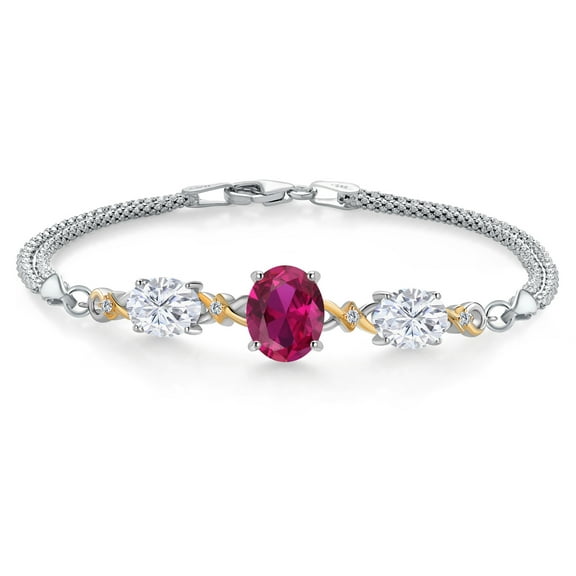 925 Silver and 10K Yellow Gold Red Created Ruby and White Moissanite and Lab Grown Diamond Bracelet for Women (6.06 Cttw, July Birthstone, Oval 10X8MM and 8X6MM, 6.5/7/7.5 inch, Made in Italy)
