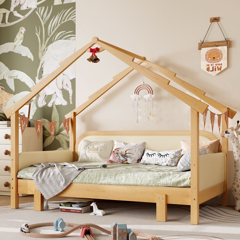 Bellemave Extendable Montessori House Bed, Wood Twin to King Daybed with Soft Cushion Rails, Double Twin Beds with Roof-Shaped, No Box Spring Needed (Natural+Beige)