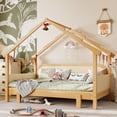 thumbnail image 3 of Bellemave Extendable Montessori House Bed, Wood Twin to King Daybed with Soft Cushion Rails, Double Twin Beds with Roof-Shaped, No Box Spring Needed (Natural+Beige), 3 of 7