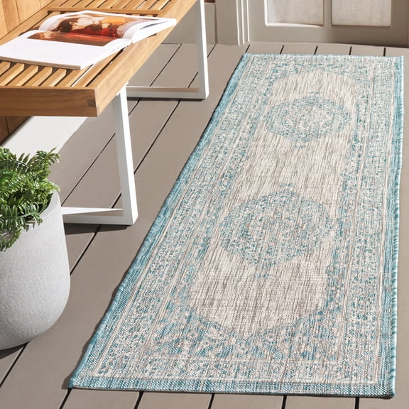 SAFAVIEH Courtyard Avi Medallion Indoor/Outdoor Runner Rug, Light Grey/Aqua, 2'3" x 12'