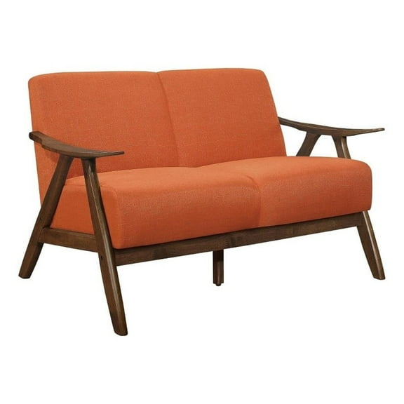 Indy 51 Inch Loveseat- Brown Wood Angled Frame- Textured Orange Fabric