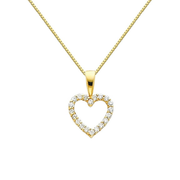 Wellingsale 14k Yellow Gold Polished Open Heart CZ Cubic Zirconia Charm Pendant with 0.7mm Box Link Chain Necklace - 16"