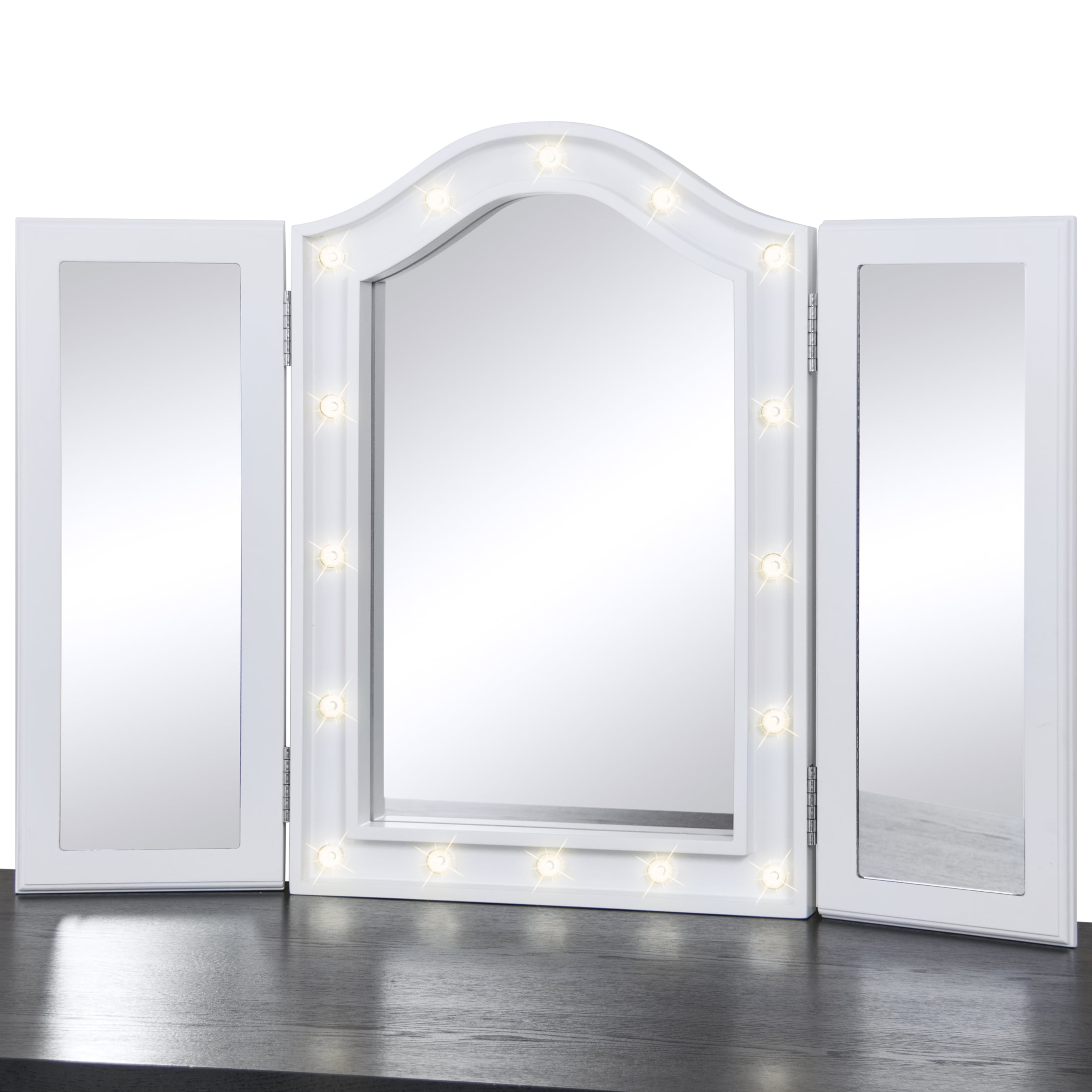 Best Choice Products Lighted Tabletop Tri Fold Vanity Mirror Decor Accent For Bedroom Bathroom W 16 Led Lights Velvet Lined Back White