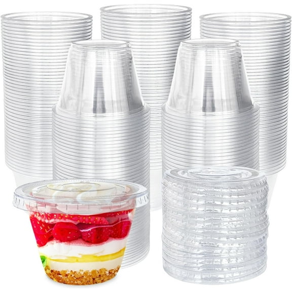 100 Pack 6 oz Clear Plastic Cups,Disposable Parfait Cups with Flat Lids(No Hole),Party Dessert Cups for Cold Drinks,Fruit,Cupcake,Ice Cream,Snack