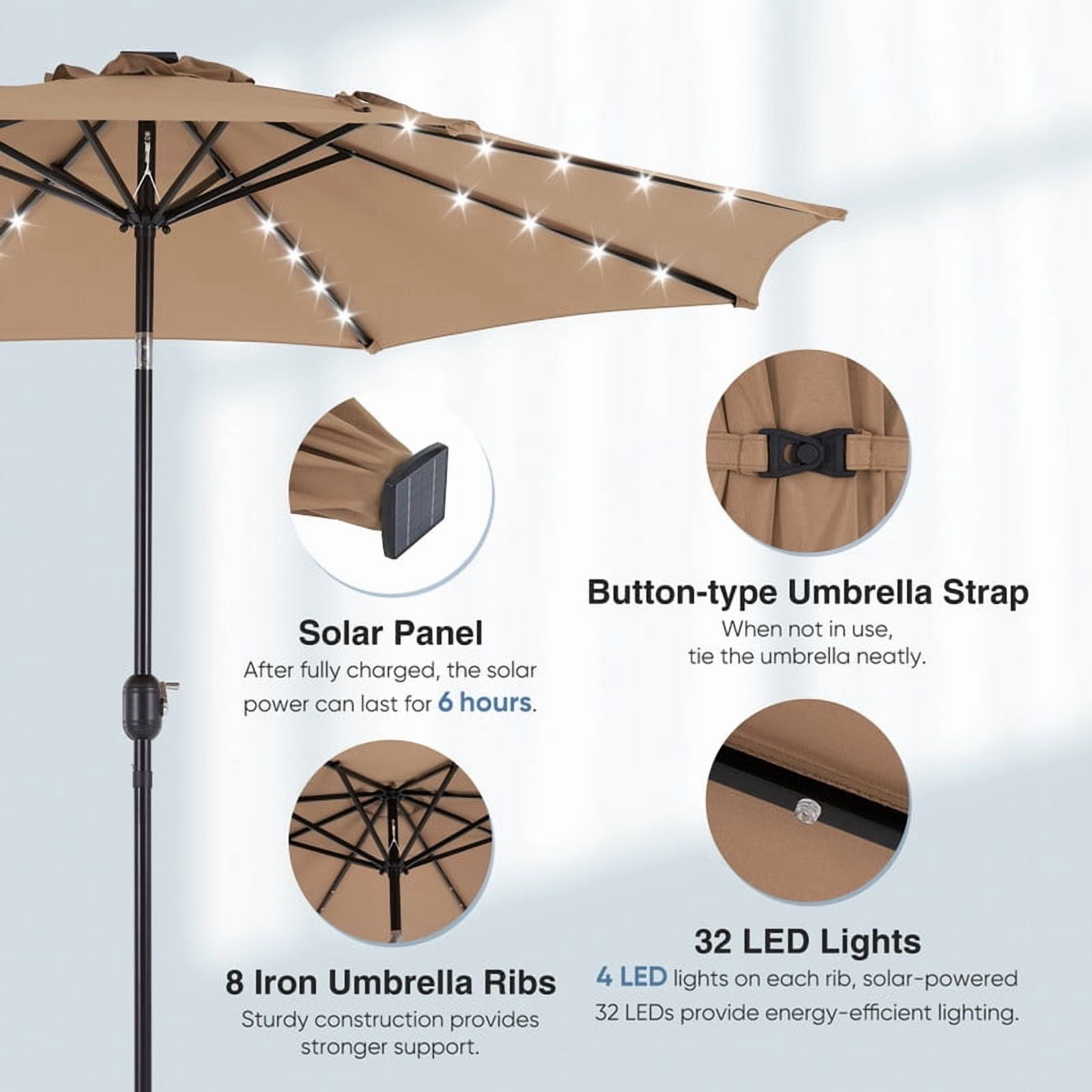 Gianna 10ft Solar Polyester 32 LED Lighted Patio Umbrella with Tilt Adjustment and UV-Resistant Fabric,Khaki-1