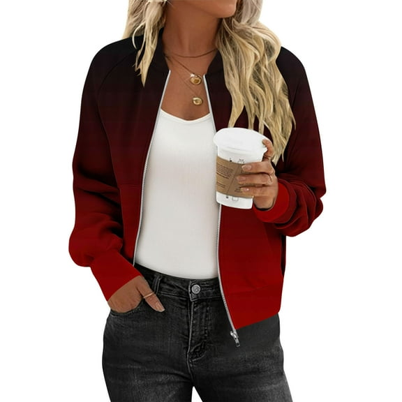 ZUKMRJPC Women's Bomber Jacket Full Zip Stand Collar Gradient Color Outwear Fall Fashion Lightweight Slim Fit Jacket with Pockets