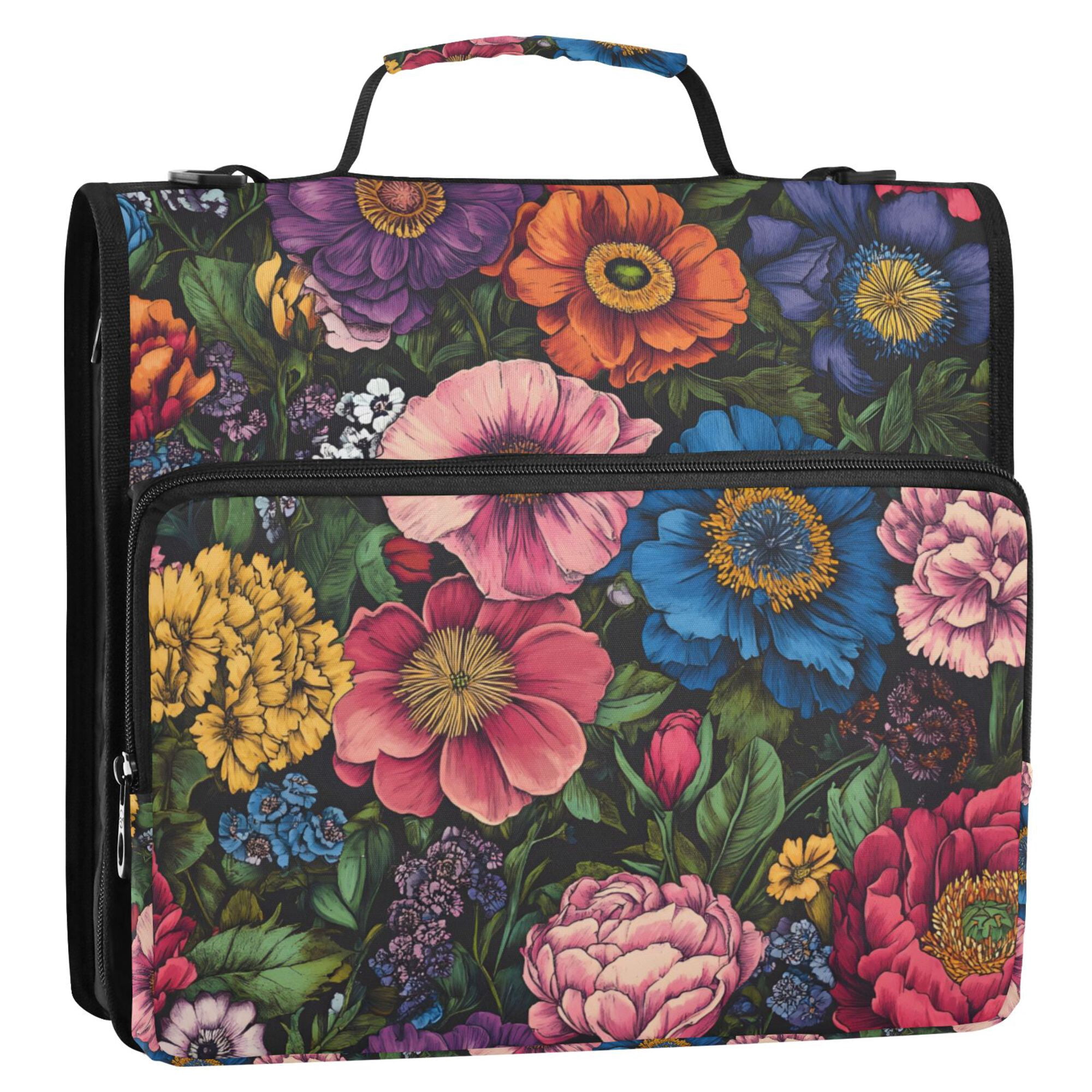 FORMRS Zipper Binder with Shoulder Strap 2-inch Ring 500 Sheet Capacity File Bag, Vibrant Blooming Flowers