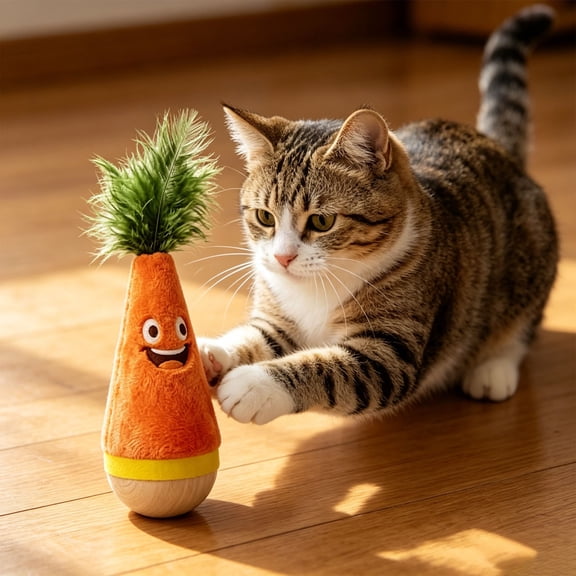 Wooden Wobble Cat Toy, Natural Beechwood Self-Righting Tumbler – Carrot Kicker, Interactive Silent Cat Toy for Indoor Cats, Battery-Free Plush, Aesthetic Home Decor Gift (Orange)