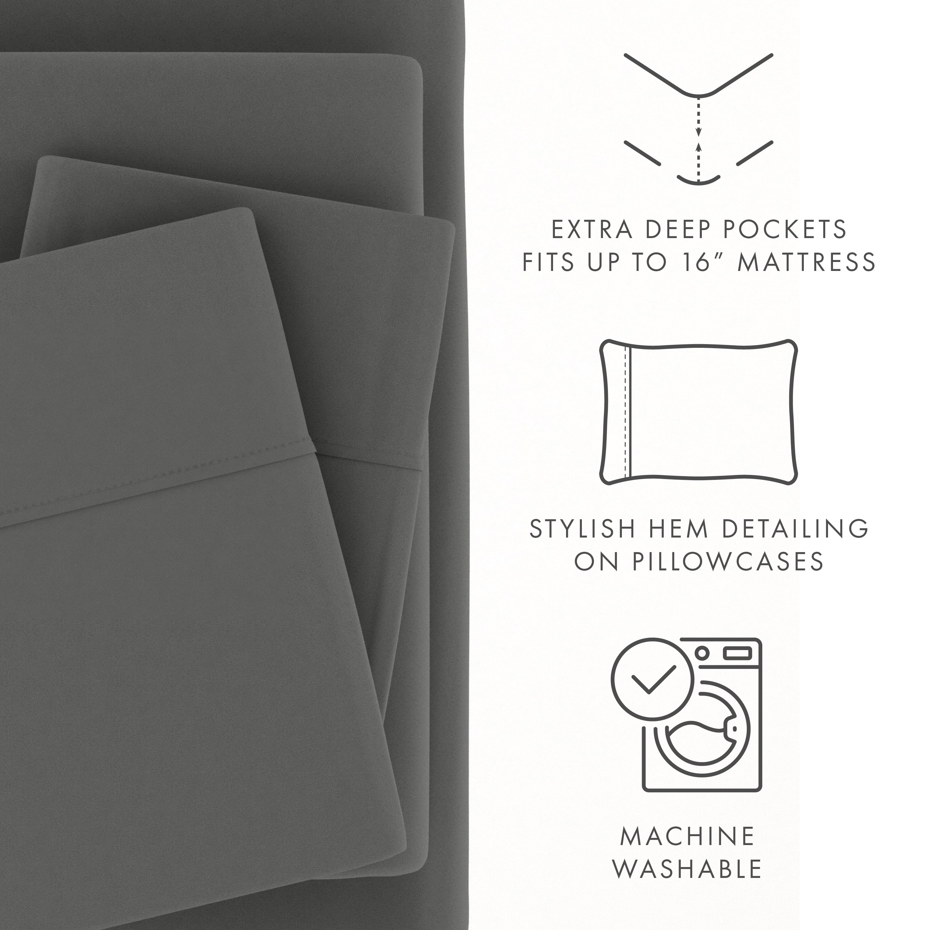 Noble Linens 4 Piece Solid Microfiber Bed Sheet Set, Gray, King