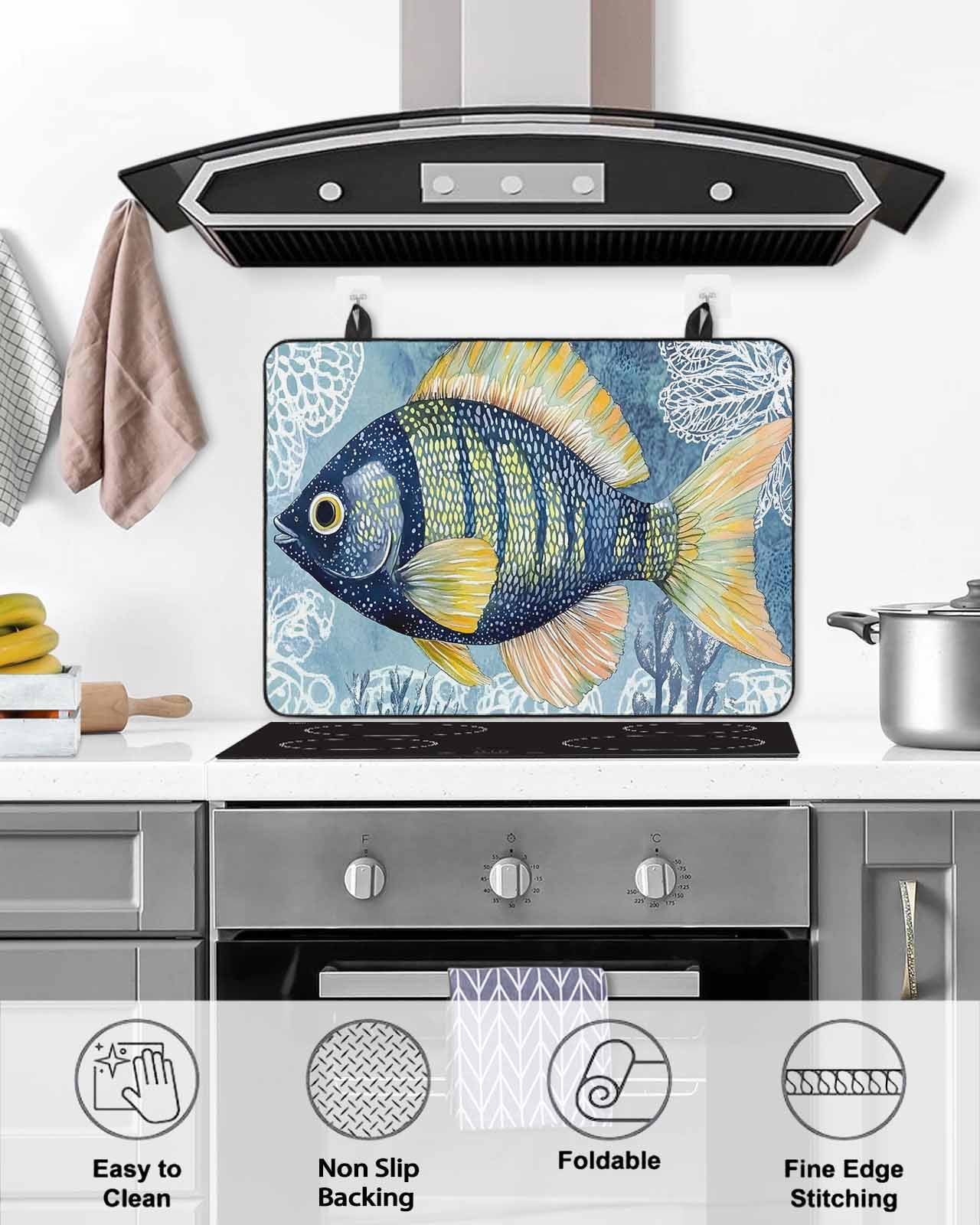 nqOlkjepod Large Induction Cooktop Protector Mat 24"x21", Blue Yellow Fish Stove Top Covers for Electric Stove, Summer Ocean Watercolor Coral Stove Burner Cover Mats, Glass Top Stove Cover
