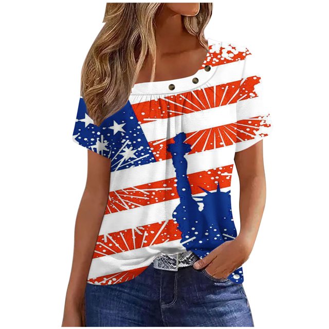 Fiudx Ofertas y Liquidaciones Camiseta Plisada con Cuello Estampado de Manga Corta Del Día de La Independencia para Mujer