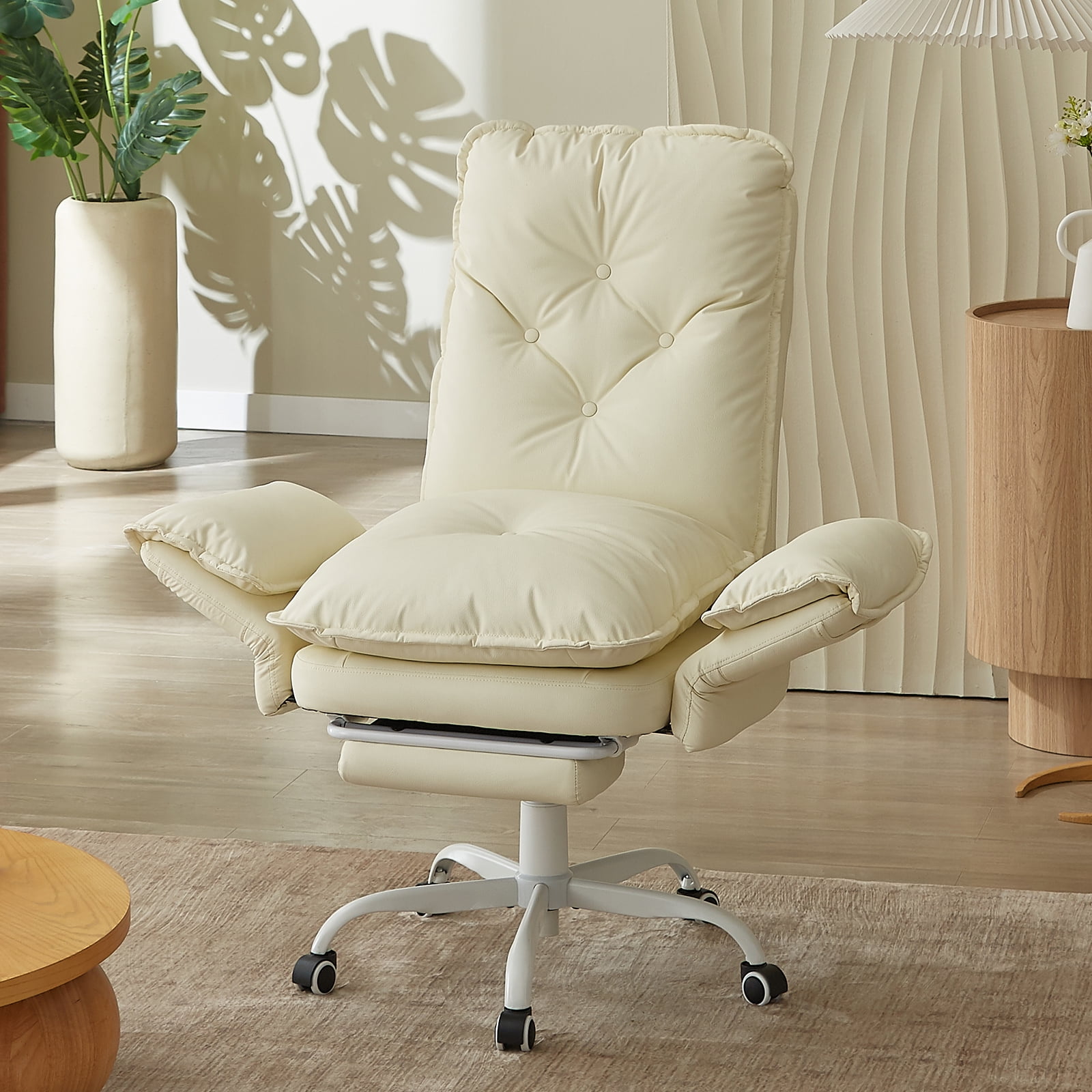 Bestier Big and Tall Executive Office Chair with Footrest and Flip-Up Arms, Ergonomic Reclining High Back Criss Cross Chair with Side Pockets, Height Adjustable, Beige