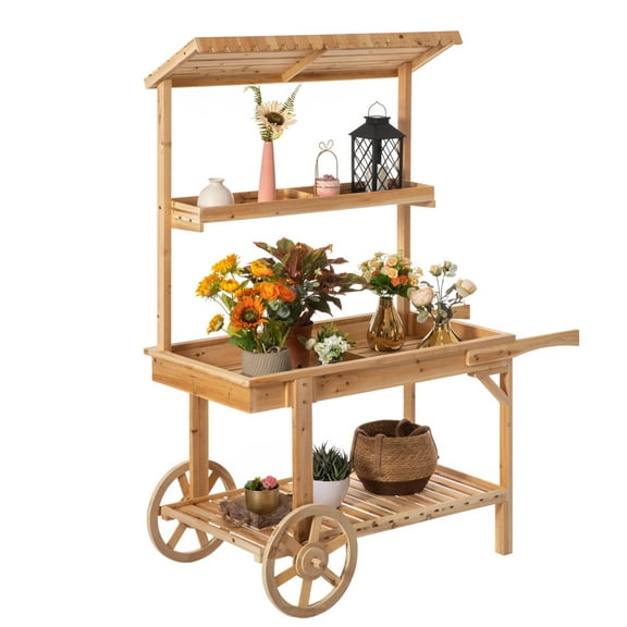 Antique Solid Wood Decor Display Rack Cart Wood Plant Stands with Wheels for Decor Display 2 Wheeled Wood Wagon with
