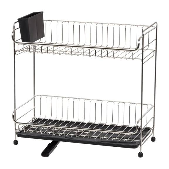 IRIS 2-tier Slim-sized Dish Rack with Drain Spout, Black