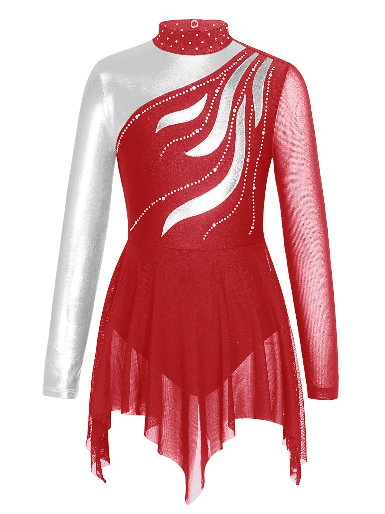 Lyrical Modern Dance Costume - Dark Green Sequined Mesh Leotard With Asymmetrical Skirt