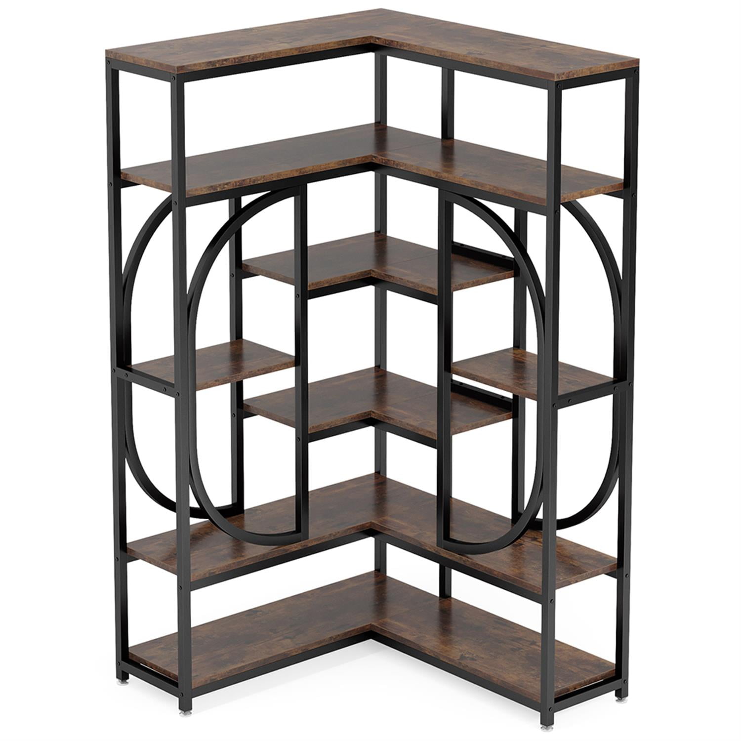 Demi Bonn 7 Tier Corner Bookshelf, Wood and Metal Bookcase Storage Organizer, L-Shaped Display Standing Shelf Unit for Bedroom, Living Room, Brown