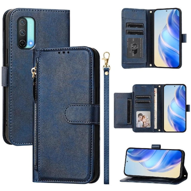 Funda para Oneplus NORD CE 5G con cremallera tipo cartera, tarjetero, marco de fotos, soporte y cordón, de piel sintética. azul