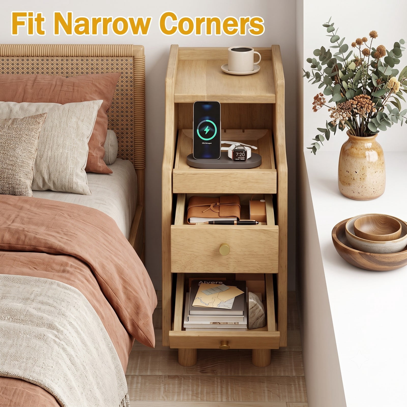 Furnibear Set of 2 Solid Rubber Wood Nightstands with Pull-out Tray and 2 Storage Drawers for Bedroom Living Room and Small Spaces, Natural