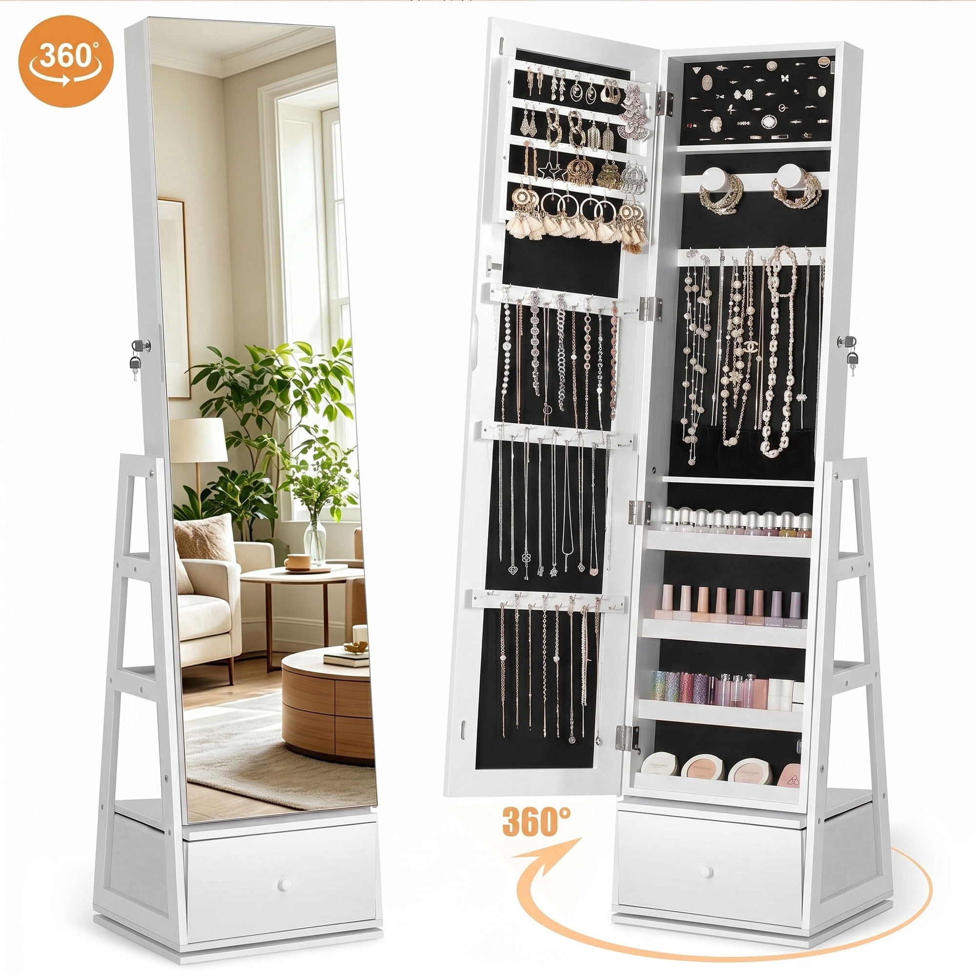 Skyhill 360°Swivel Jewelry Armoire, 60" Full Length Mirror Cabinet with 3 Rear Shelves, Bottom Drawer, White