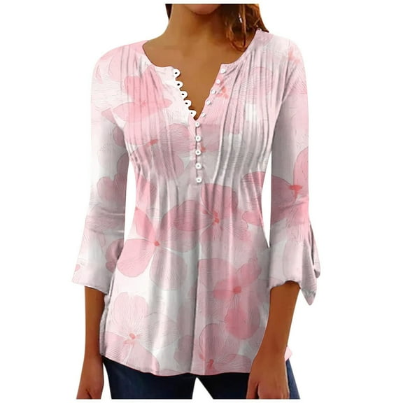 CYMMPU Loose Fit V Neck 3/4 Sleeve Spring Tunic Tops Boho Blouses for Women Dressy Casual Fall Trendy Shirts Flower Pattern A-line Dressy Tops T-Shirts Pink L