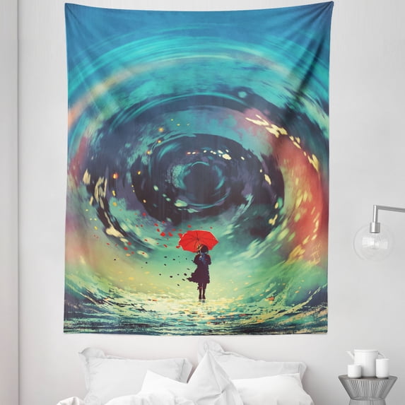 Women Tapestry, Modern Artwork of Lady with Red Umbrella Front of an Abstract Storm, Fabric Wall Hanging Decor for Bedroom Living Room Dorm, 5 Sizes, Dark Turquoise and Seafoam, by Ambesonne