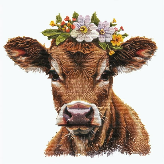 Cute Cow with Flower on Head DIY 11CT Stamped Cross Stitch Kits for Beginners Easy Needlepoint Embroidery Counted Cross Stitch Art Craft for Wall Decoration 14x14inch(3)