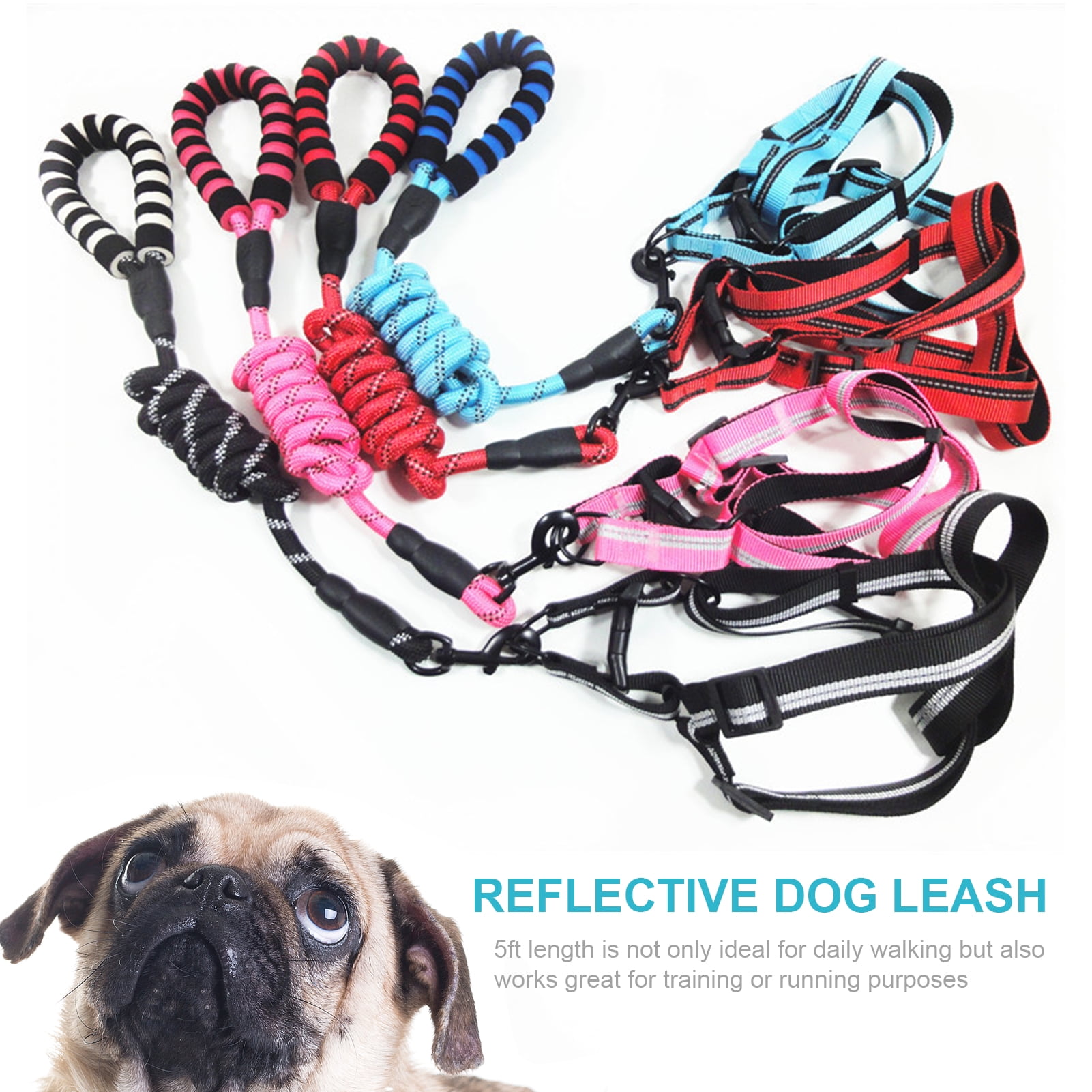 Yeacher 5ft Reflective Dog Leash Strong Dog Leash with Comfortable Padded Handle Traction Rolled Dog Leads Slip Handle Dog Leash Rope for Large and