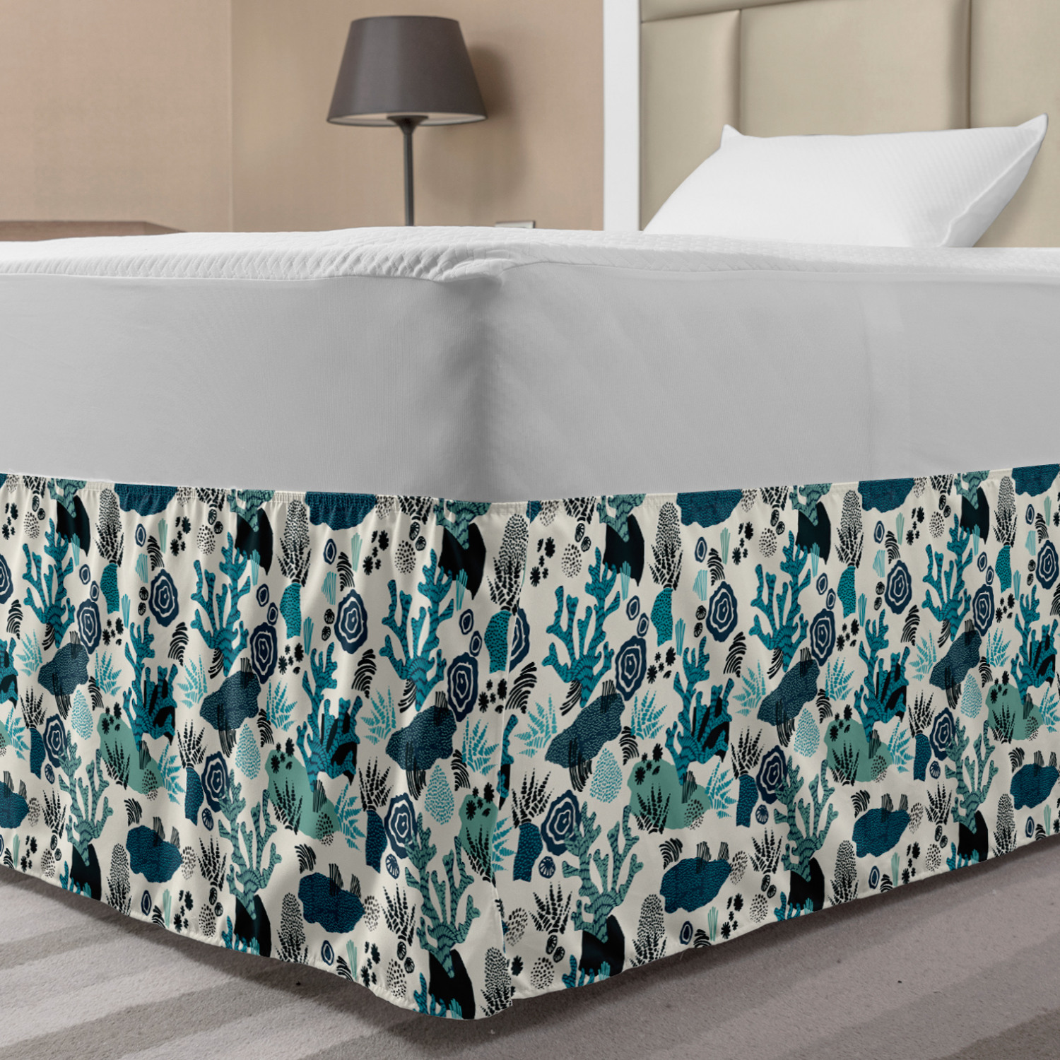 Underwater Bed Skirt, Marine Life Creatures Hand Drawn Coral Reef Deep Sea Adventure Nautical