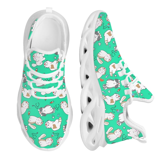 Zapatos de enfermera con estampado de gato de dibujos animados, suela gruesa, cómodos, con cordones, de punto, para uso médico de mascotas
